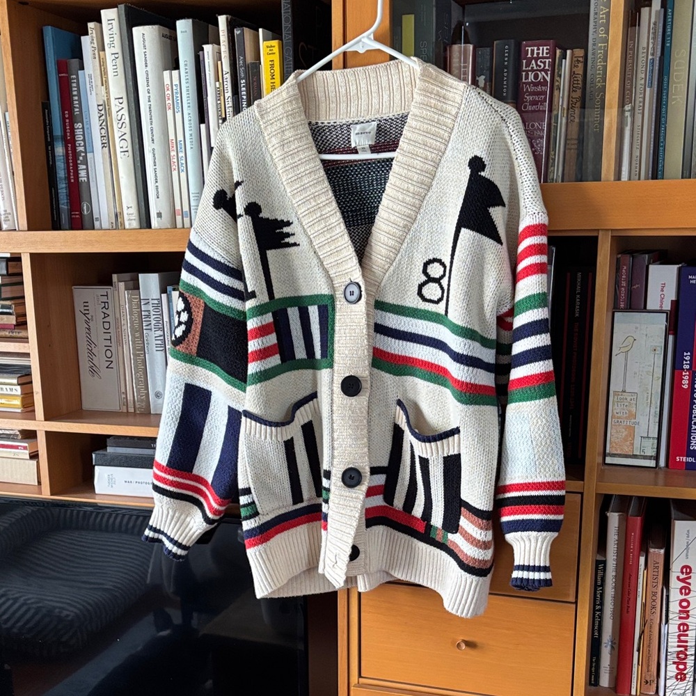Maeve Cream Cardigan with Navy, Red & Green Stripes